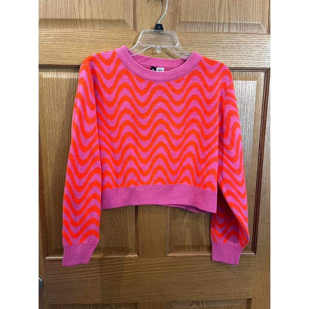 Retro Trippy Y2K Groovy Wave Striped Divided H M Women Boxy Cropped Sweater S